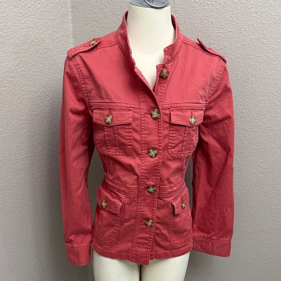 LL Bean Women’s Twill Utility Multi Pocket Jacket Medium Petite Coral Pink - Picture 1 of 11